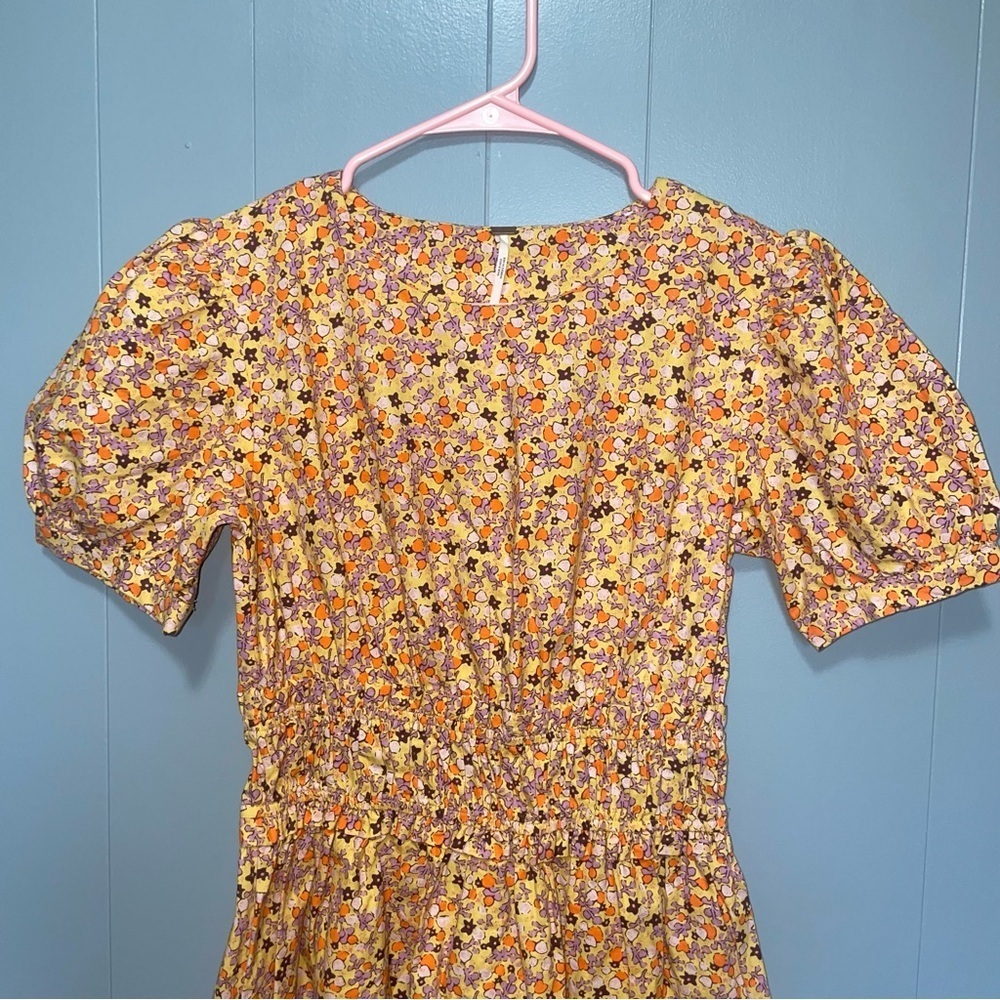 Free People Pennie Cinched Waist Floral Mini Dress in Yellow Gold Honey Comb XS - Picture 6 of 11